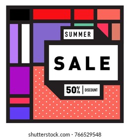 Summer sale memphis style web banner. Fashion and travel discount poster. Vector holiday Abstract colorful illustration with special offer and promotion.