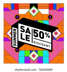 Summer sale memphis style web banner. Fashion and travel discount poster. Vector holiday Abstract colorful illustration with special offer and promotion.