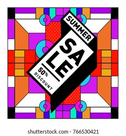 Summer sale memphis style web banner. Fashion and travel discount poster. Vector holiday Abstract colorful illustration with special offer and promotion.