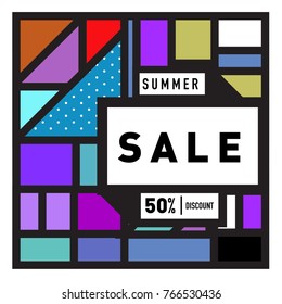 Summer sale memphis style web banner. Fashion and travel discount poster. Vector holiday Abstract colorful illustration with special offer and promotion.