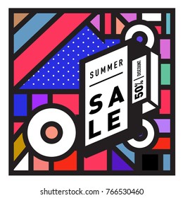 Summer sale memphis style web banner. Fashion and travel discount poster. Vector holiday Abstract colorful illustration with special offer and promotion.