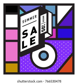 Summer sale memphis style web banner. Fashion and travel discount poster. Vector holiday Abstract colorful illustration with special offer and promotion.