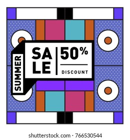Summer sale memphis style web banner. Fashion and travel discount poster. Vector holiday Abstract colorful illustration with special offer and promotion.