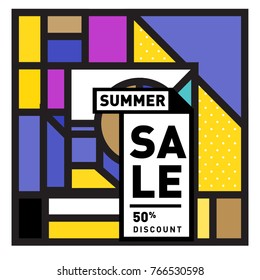 Summer sale memphis style web banner. Fashion and travel discount poster. Vector holiday Abstract colorful illustration with special offer and promotion.