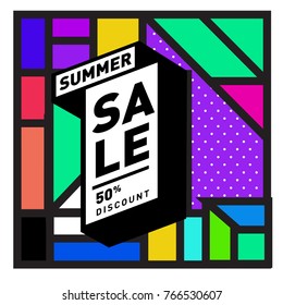 Summer sale memphis style web banner. Fashion and travel discount poster. Vector holiday Abstract colorful illustration with special offer and promotion.