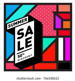 Summer sale memphis style web banner. Fashion and travel discount poster. Vector holiday Abstract colorful illustration with special offer and promotion.