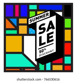 Summer sale memphis style web banner. Fashion and travel discount poster. Vector holiday Abstract colorful illustration with special offer and promotion.