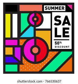 Summer sale memphis style web banner. Fashion and travel discount poster. Vector holiday Abstract colorful illustration with special offer and promotion.