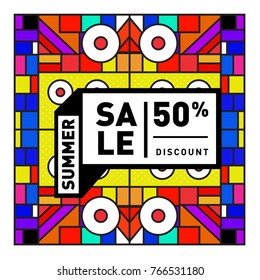 Summer sale memphis style web banner. Fashion and travel discount poster. Vector holiday Abstract colorful illustration with special offer and promotion.