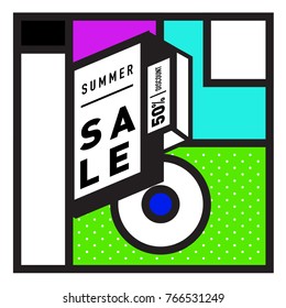 Summer sale memphis style web banner. Fashion and travel discount poster. Vector holiday Abstract colorful illustration with special offer and promotion.