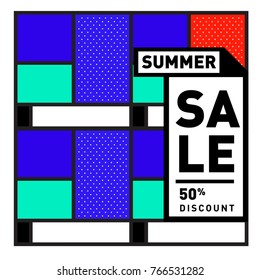 Summer sale memphis style web banner. Fashion and travel discount poster. Vector holiday Abstract colorful illustration with special offer and promotion.