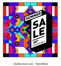 Summer sale memphis style web banner. Fashion and travel discount poster. Vector holiday Abstract colorful illustration with special offer and promotion.