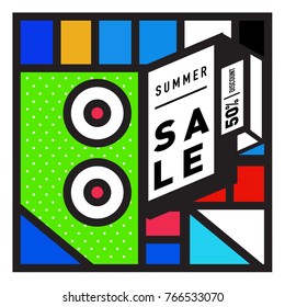 Summer sale memphis style web banner. Fashion and travel discount poster. Vector holiday Abstract colorful illustration with special offer and promotion.