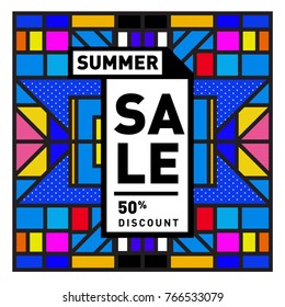 Summer sale memphis style web banner. Fashion and travel discount poster. Vector holiday Abstract colorful illustration with special offer and promotion.