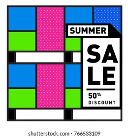 Summer sale memphis style web banner. Fashion and travel discount poster. Vector holiday Abstract colorful illustration with special offer and promotion.