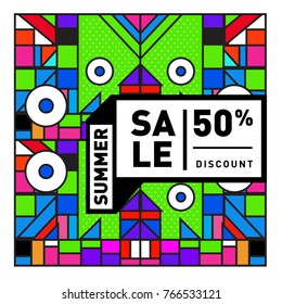 Summer sale memphis style web banner. Fashion and travel discount poster. Vector holiday Abstract colorful illustration with special offer and promotion.