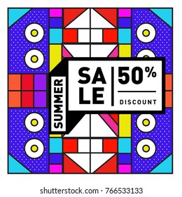Summer sale memphis style web banner. Fashion and travel discount poster. Vector holiday Abstract colorful illustration with special offer and promotion.
