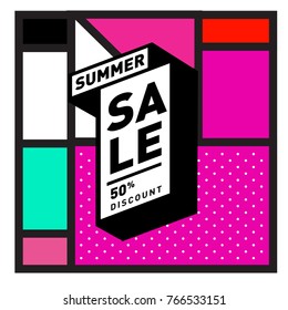 Summer sale memphis style web banner. Fashion and travel discount poster. Vector holiday Abstract colorful illustration with special offer and promotion.