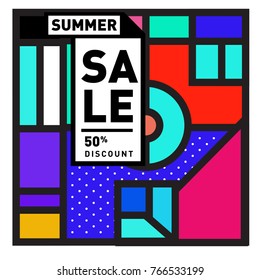 Summer sale memphis style web banner. Fashion and travel discount poster. Vector holiday Abstract colorful illustration with special offer and promotion.