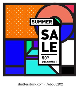 Summer sale memphis style web banner. Fashion and travel discount poster. Vector holiday Abstract colorful illustration with special offer and promotion.
