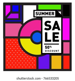Summer sale memphis style web banner. Fashion and travel discount poster. Vector holiday Abstract colorful illustration with special offer and promotion.