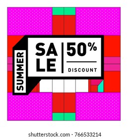 Summer sale memphis style web banner. Fashion and travel discount poster. Vector holiday Abstract colorful illustration with special offer and promotion.