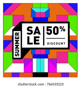 Summer sale memphis style web banner. Fashion and travel discount poster. Vector holiday Abstract colorful illustration with special offer and promotion.