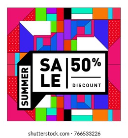 Summer sale memphis style web banner. Fashion and travel discount poster. Vector holiday Abstract colorful illustration with special offer and promotion.