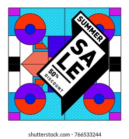 Summer sale memphis style web banner. Fashion and travel discount poster. Vector holiday Abstract colorful illustration with special offer and promotion.