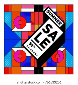 Summer sale memphis style web banner. Fashion and travel discount poster. Vector holiday Abstract colorful illustration with special offer and promotion.