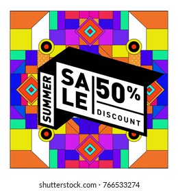 Summer sale memphis style web banner. Fashion and travel discount poster. Vector holiday Abstract colorful illustration with special offer and promotion.