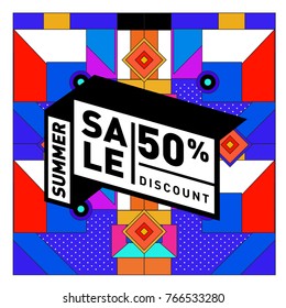 Summer sale memphis style web banner. Fashion and travel discount poster. Vector holiday Abstract colorful illustration with special offer and promotion.