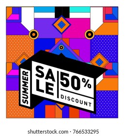Summer sale memphis style web banner. Fashion and travel discount poster. Vector holiday Abstract colorful illustration with special offer and promotion.