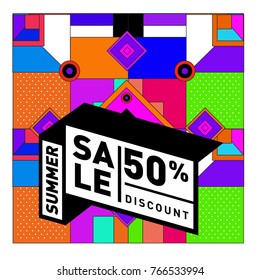 Summer sale memphis style web banner. Fashion and travel discount poster. Vector holiday Abstract colorful illustration with special offer and promotion.