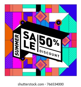 Summer sale memphis style web banner. Fashion and travel discount poster. Vector holiday Abstract colorful illustration with special offer and promotion.