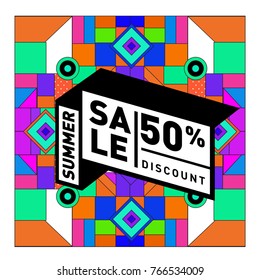 Summer sale memphis style web banner. Fashion and travel discount poster. Vector holiday Abstract colorful illustration with special offer and promotion.