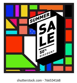 Summer sale memphis style web banner. Fashion and travel discount poster. Vector holiday Abstract colorful illustration with special offer and promotion.