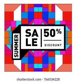 Summer sale memphis style web banner. Fashion and travel discount poster. Vector holiday Abstract colorful illustration with special offer and promotion.
