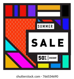 Summer sale memphis style web banner. Fashion and travel discount poster. Vector holiday Abstract colorful illustration with special offer and promotion.