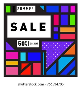 Summer sale memphis style web banner. Fashion and travel discount poster. Vector holiday Abstract colorful illustration with special offer and promotion.
