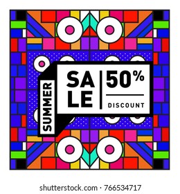 Summer sale memphis style web banner. Fashion and travel discount poster. Vector holiday Abstract colorful illustration with special offer and promotion.