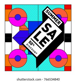 Summer sale memphis style web banner. Fashion and travel discount poster. Vector holiday Abstract colorful illustration with special offer and promotion.