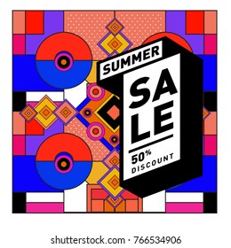 Summer sale memphis style web banner. Fashion and travel discount poster. Vector holiday Abstract colorful illustration with special offer and promotion.
