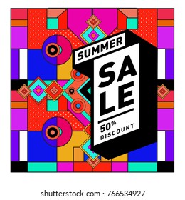 Summer sale memphis style web banner. Fashion and travel discount poster. Vector holiday Abstract colorful illustration with special offer and promotion.