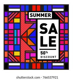 Summer sale memphis style web banner. Fashion and travel discount poster. Vector holiday Abstract colorful illustration with special offer and promotion.