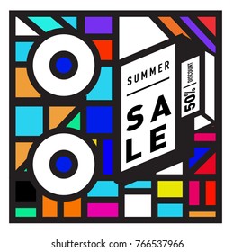 Summer sale memphis style web banner. Fashion and travel discount poster. Vector holiday Abstract colorful illustration with special offer and promotion.