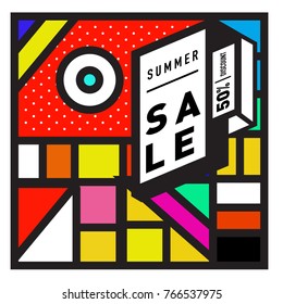 Summer sale memphis style web banner. Fashion and travel discount poster. Vector holiday Abstract colorful illustration with special offer and promotion.