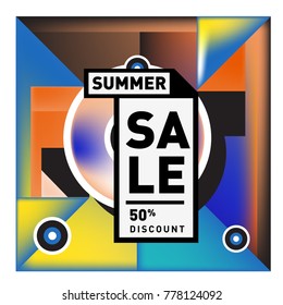 Summer sale memphis style web banner. Fashion and travel discount poster. Vector holiday Abstract colorful illustration with special offer and promotion.