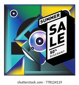 Summer sale memphis style web banner. Fashion and travel discount poster. Vector holiday Abstract colorful illustration with special offer and promotion.