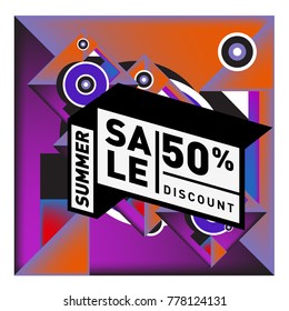 Summer sale memphis style web banner. Fashion and travel discount poster. Vector holiday Abstract colorful illustration with special offer and promotion.